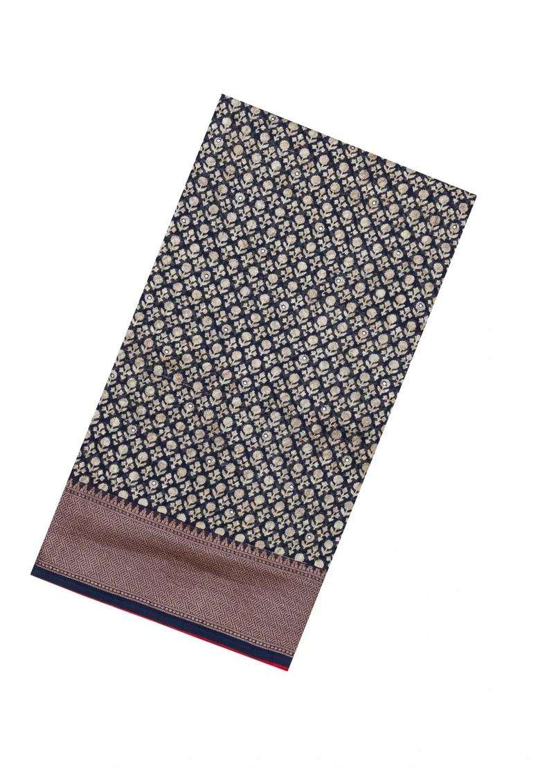 Steel Blue Printed Chanderi Cotton Saree With Floral Motifs Sequin Work With Embroidered Design For Women - Indya