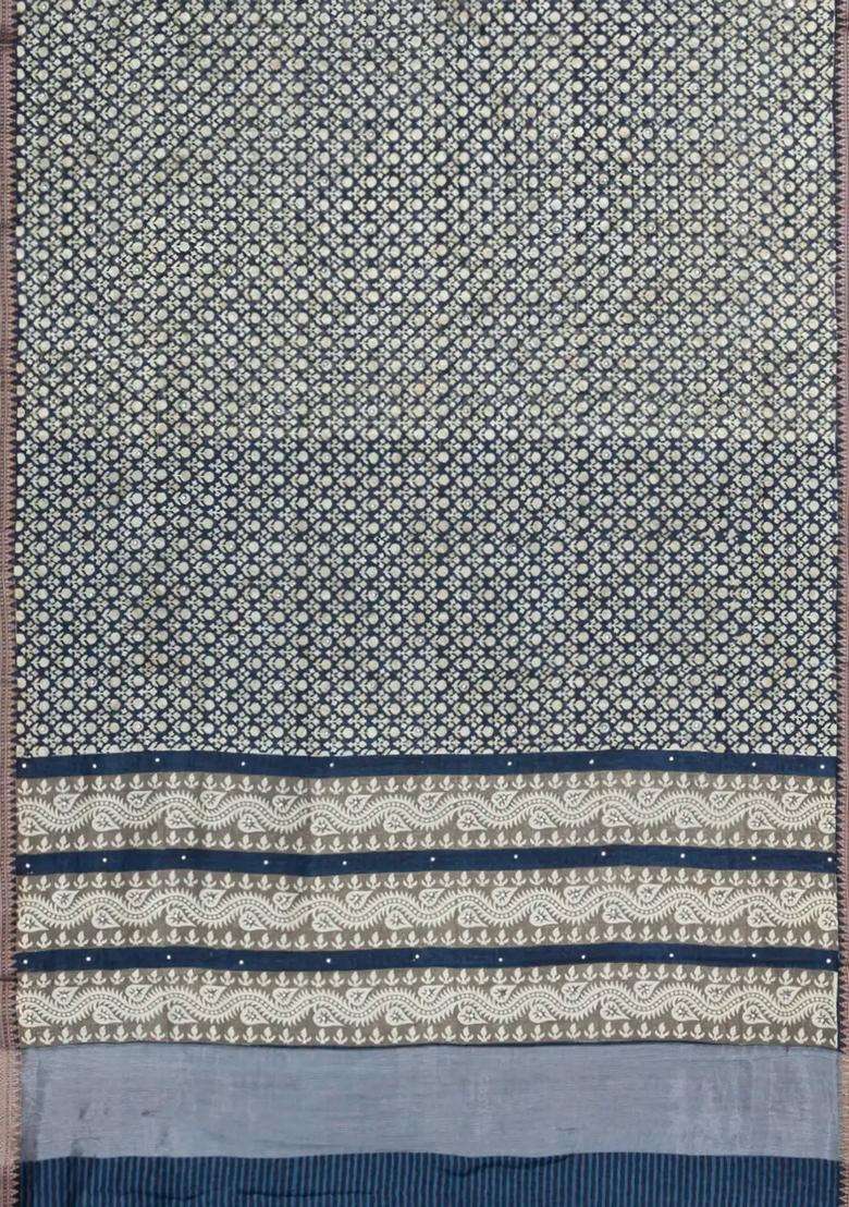 Steel Blue Printed Chanderi Cotton Saree With Floral Motifs Sequin Work With Embroidered Design For Women - Indya