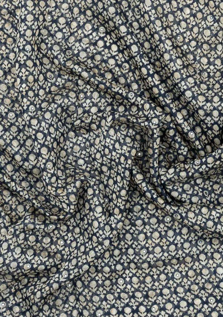 Steel Blue Printed Chanderi Cotton Saree With Floral Motifs Sequin Work With Embroidered Design For Women - Indya