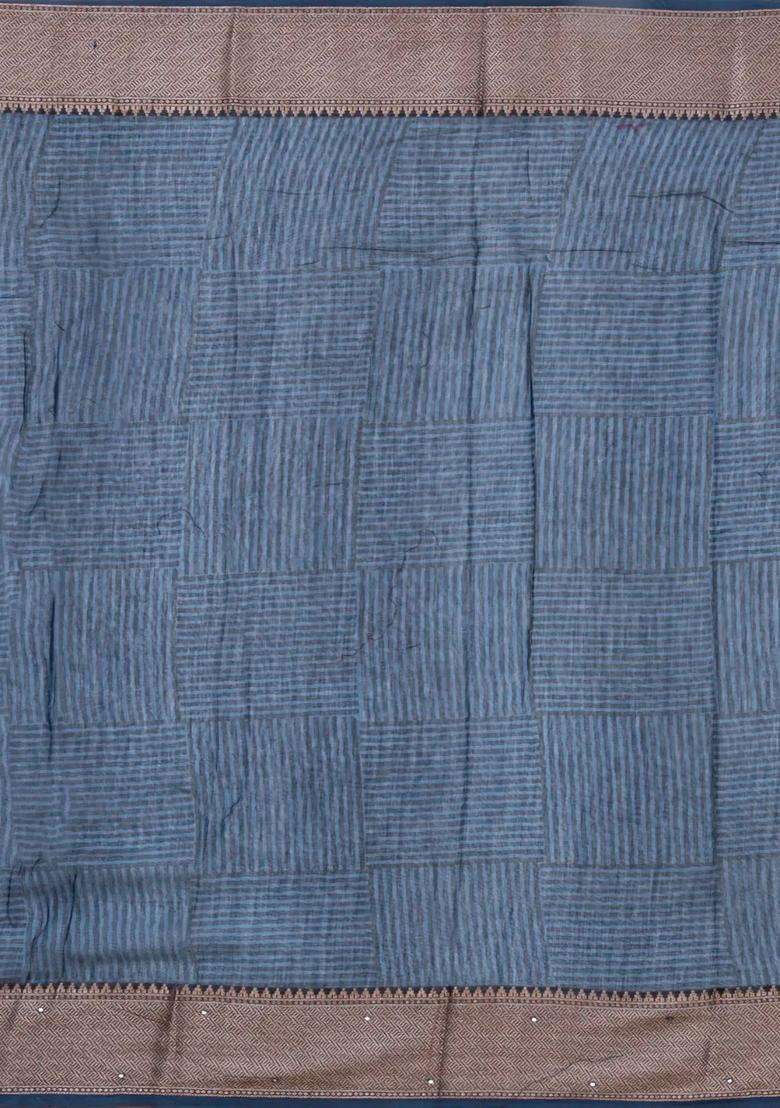 Steel Blue Printed Chanderi Cotton Saree With Floral Motifs Sequin Work With Embroidered Design For Women - Indya