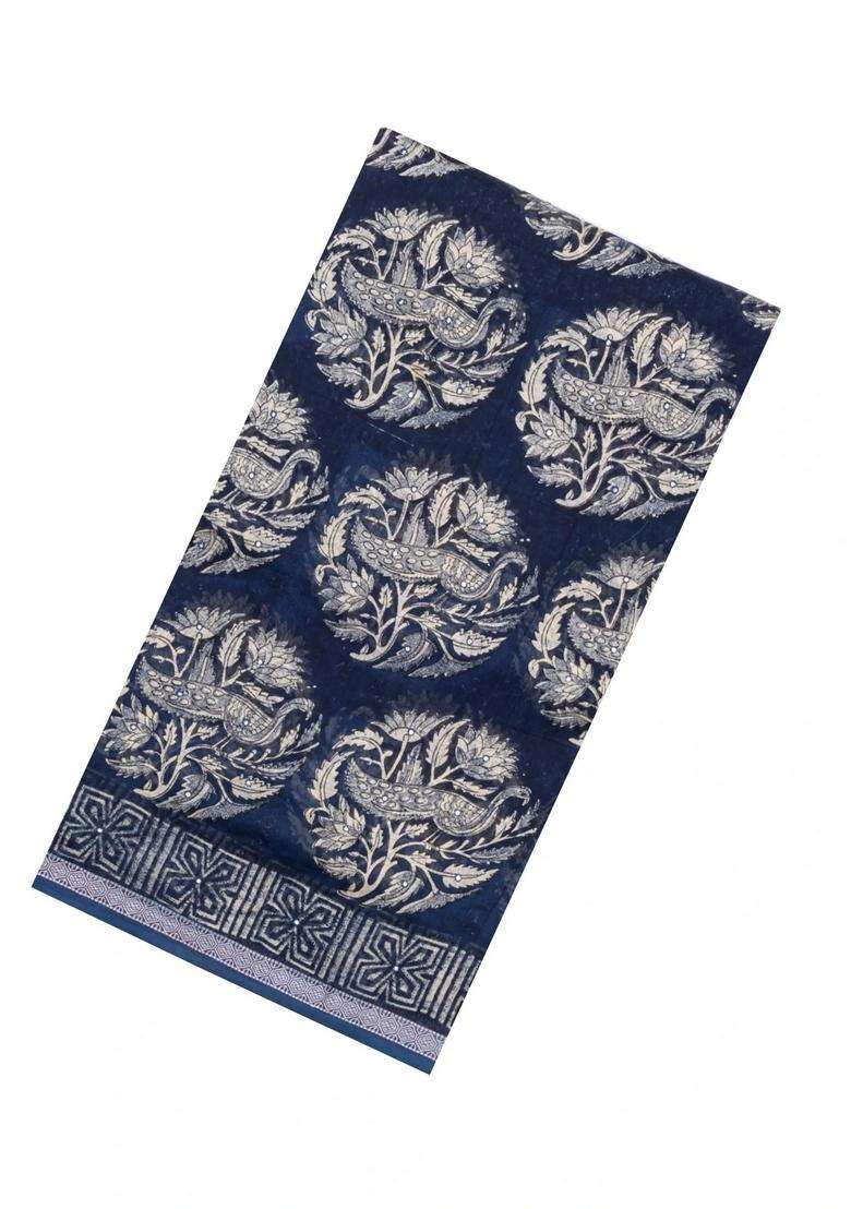 Indigo Printed Chanderi Cotton Saree With Bird Motifs Sequin Work With Embroidered Design For Women - Indya