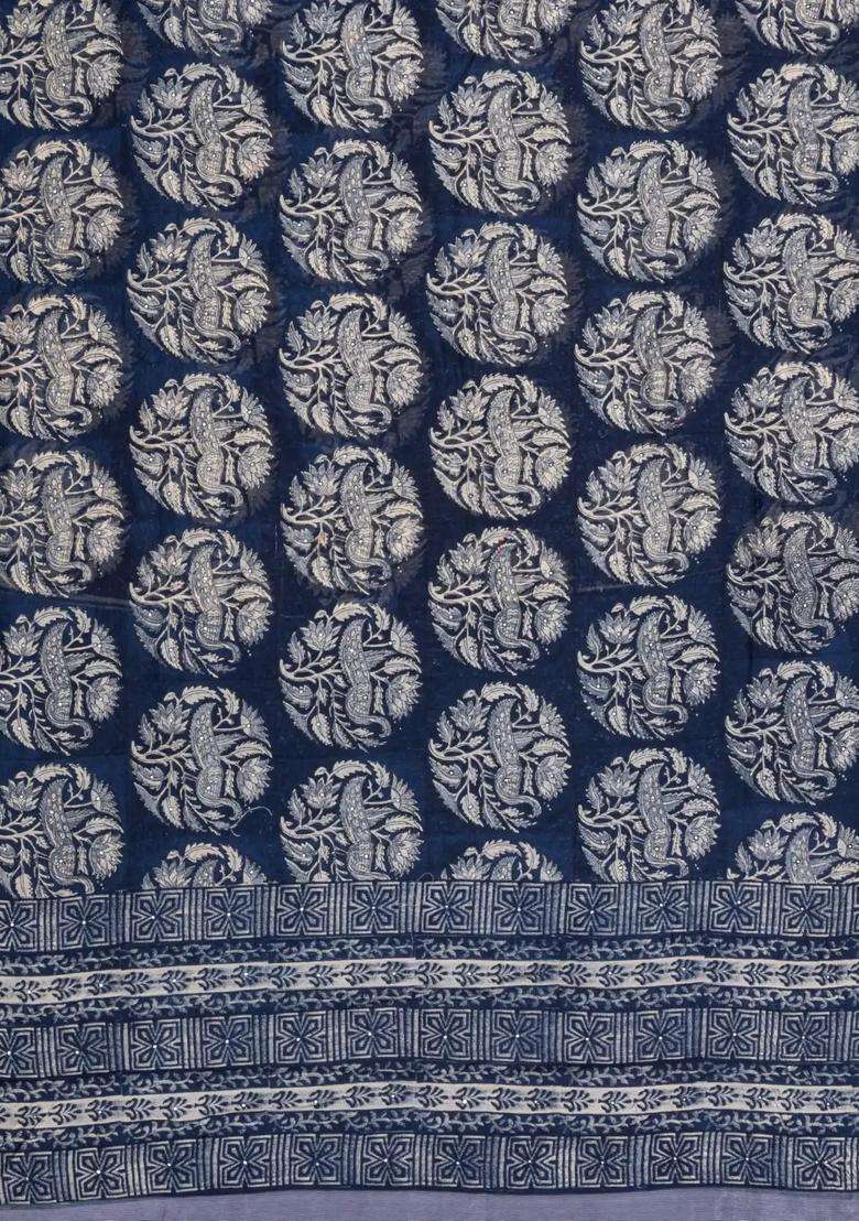 Indigo Printed Chanderi Cotton Saree With Bird Motifs Sequin Work With Embroidered Design For Women - Indya