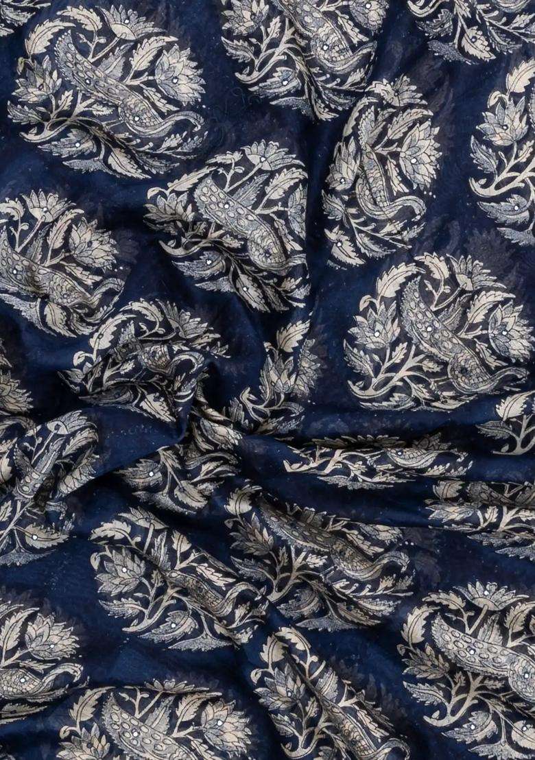 Indigo Printed Chanderi Cotton Saree With Bird Motifs Sequin Work With Embroidered Design For Women - Indya