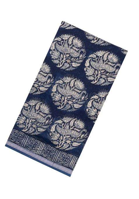 Indigo Printed Chanderi Cotton Saree With Bird Motifs Sequin Work With Embroidered Design For Women