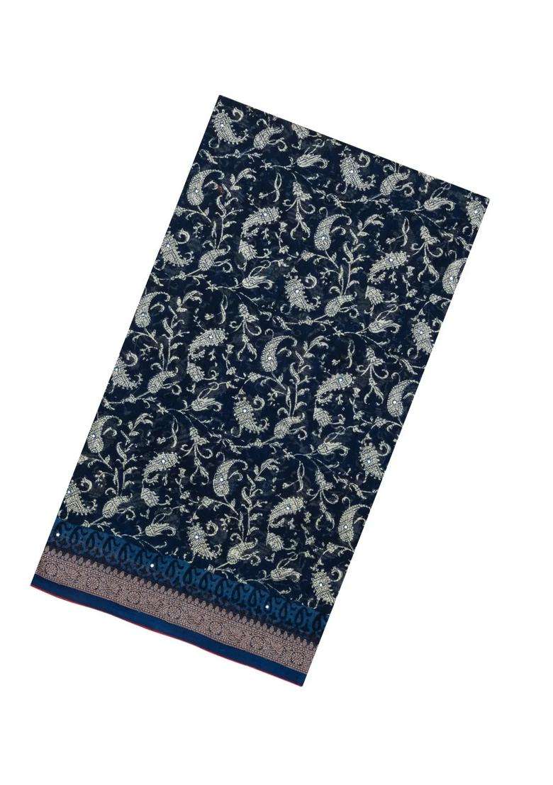 Indigo Printed Chanderi Cotton Saree With Floral Motifs Sequin Work With Embroidered Design For Women - Indya