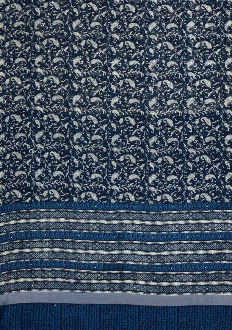 Indigo Printed Chanderi Cotton Saree With Floral Motifs Sequin Work With Embroidered Design For Women - Indya