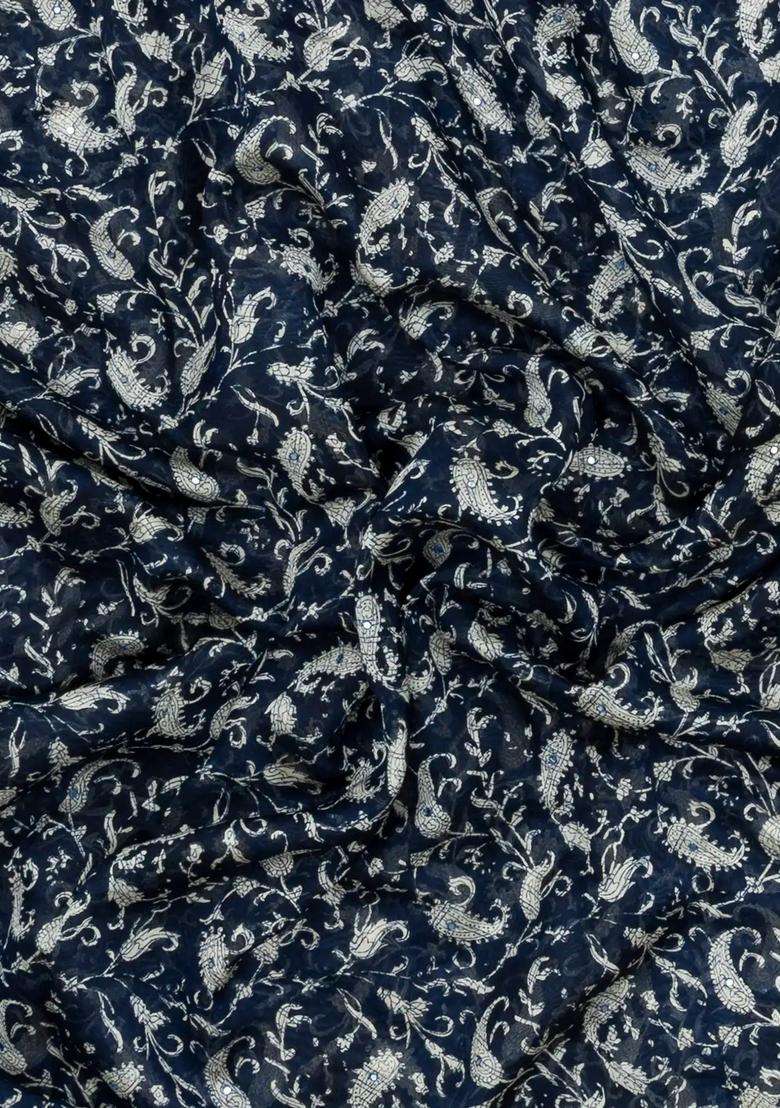 Indigo Printed Chanderi Cotton Saree With Floral Motifs Sequin Work With Embroidered Design For Women - Indya