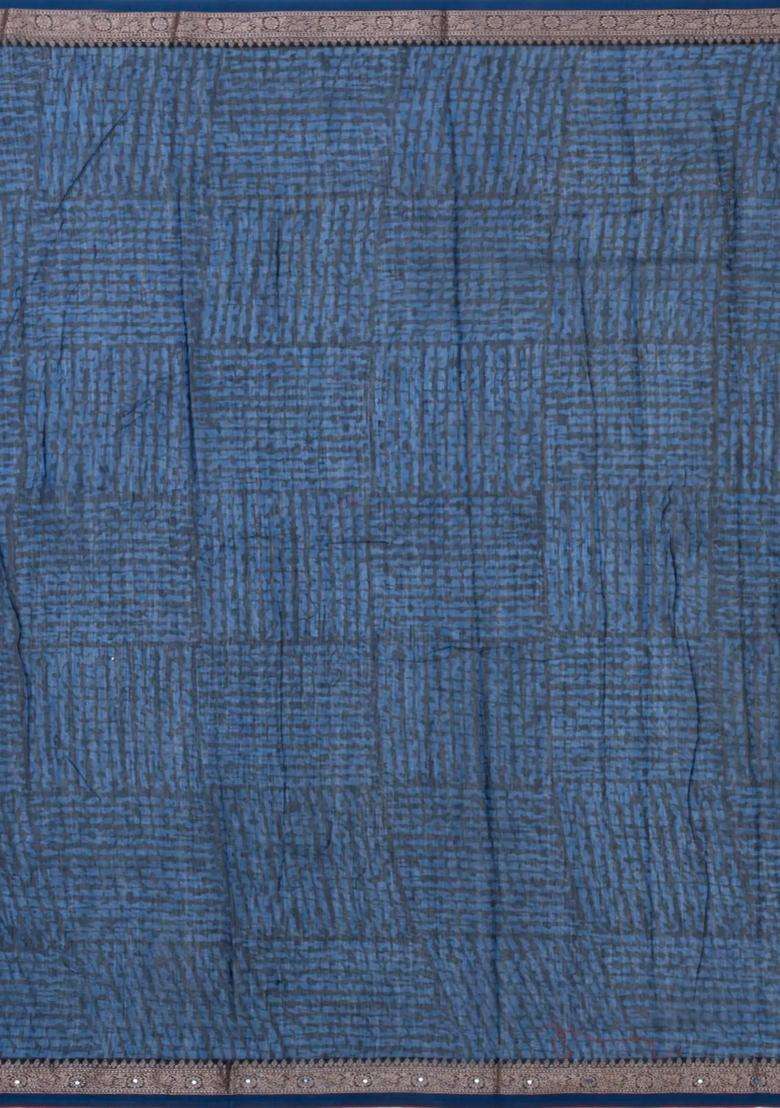 Indigo Printed Chanderi Cotton Saree With Floral Motifs Sequin Work With Embroidered Design For Women - Indya