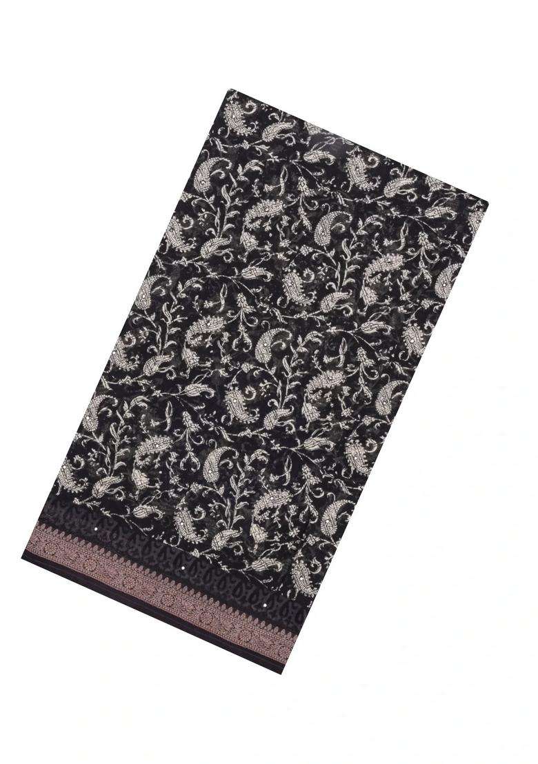 Black Printed Chanderi Cotton Saree With Floral Motifs Sequin Work With Embroidered Design For Women - Indya