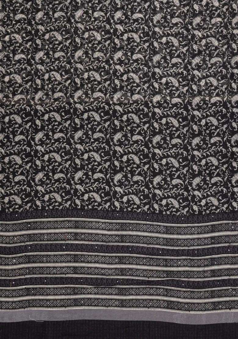 Black Printed Chanderi Cotton Saree With Floral Motifs Sequin Work With Embroidered Design For Women - Indya