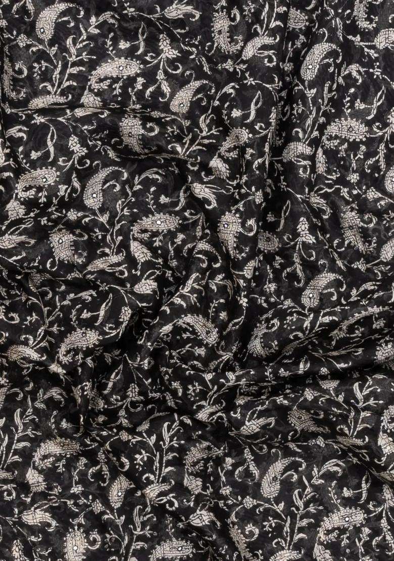 Black Printed Chanderi Cotton Saree With Floral Motifs Sequin Work With Embroidered Design For Women - Indya