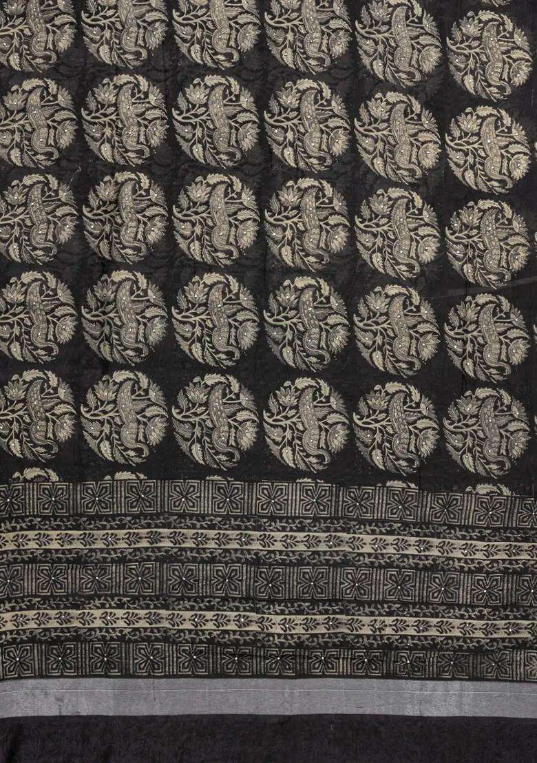 Indigo Printed Chanderi Cotton Saree With Bird Motifs Sequin Work With Embroidered Design For Women - Indya