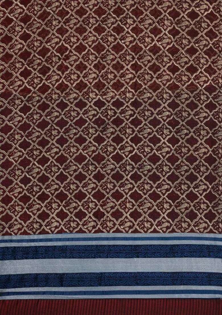 Dark Brown Printed Chanderi Cotton Saree With Bird Motifs For Women - Indya