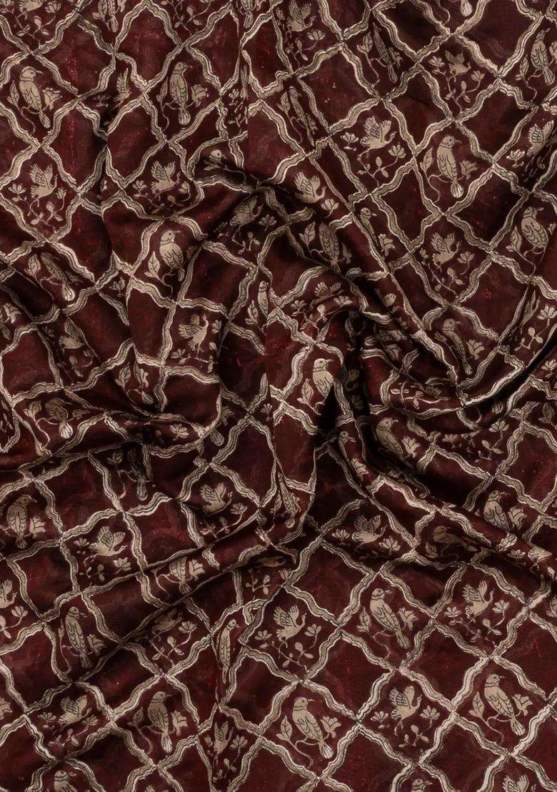 Dark Brown Printed Chanderi Cotton Saree With Bird Motifs For Women - Indya