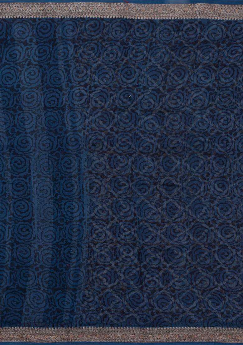 Dark Brown Printed Chanderi Cotton Saree With Bird Motifs For Women - Indya