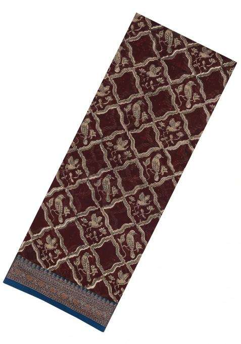 Dark Brown Printed Chanderi Cotton Saree With Bird Motifs For Women