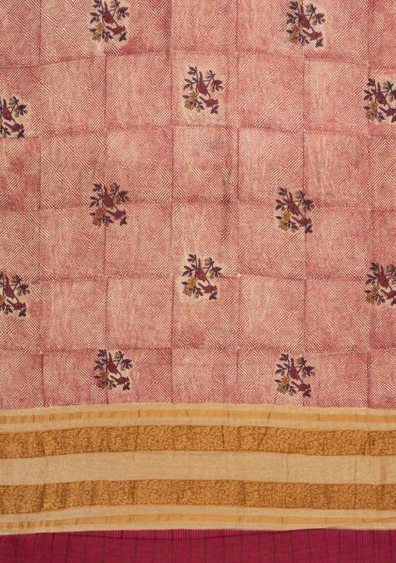 Dusty Pink Printed Chanderi Cotton Saree With Bird Motifs For Women - Indya