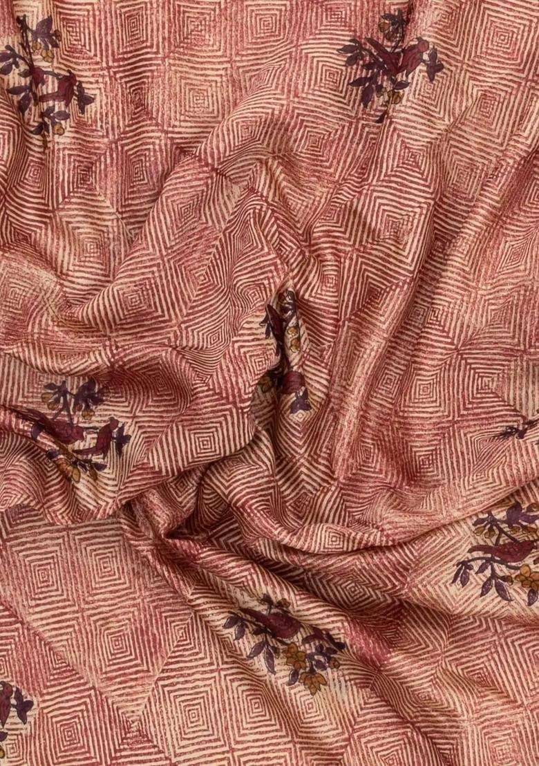 Dusty Pink Printed Chanderi Cotton Saree With Bird Motifs For Women - Indya