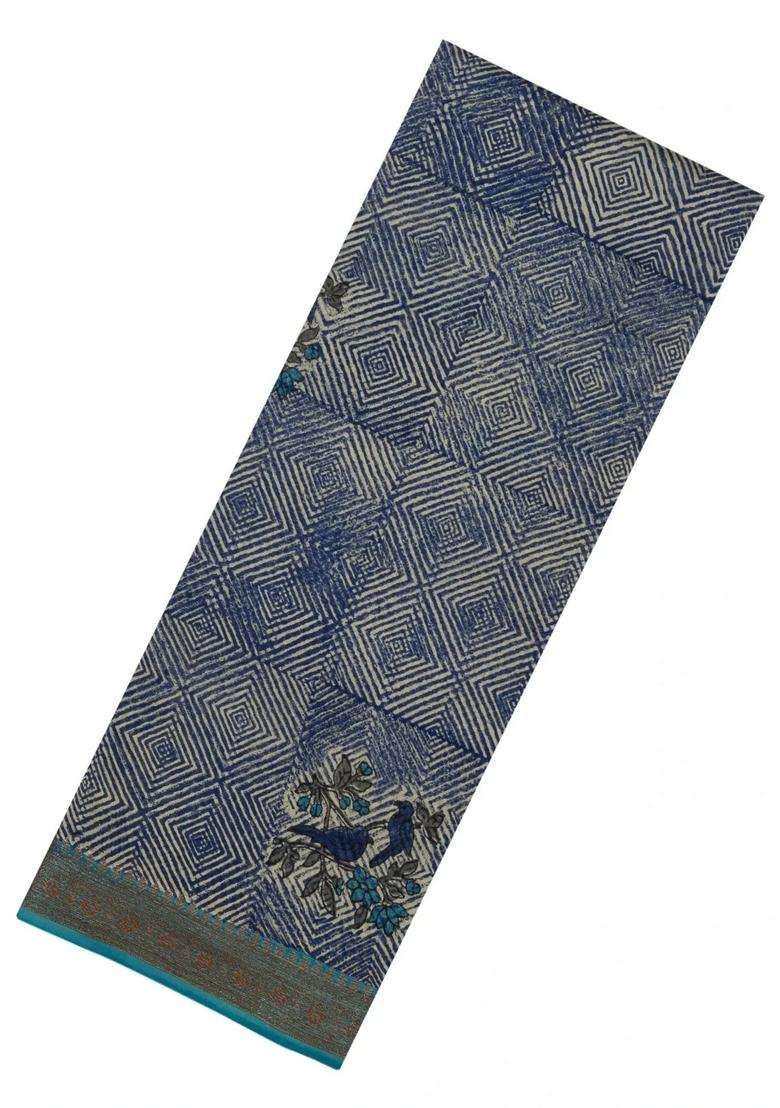 Indigo Printed Chanderi Cotton Saree With Bird Motifs For Women - Indya