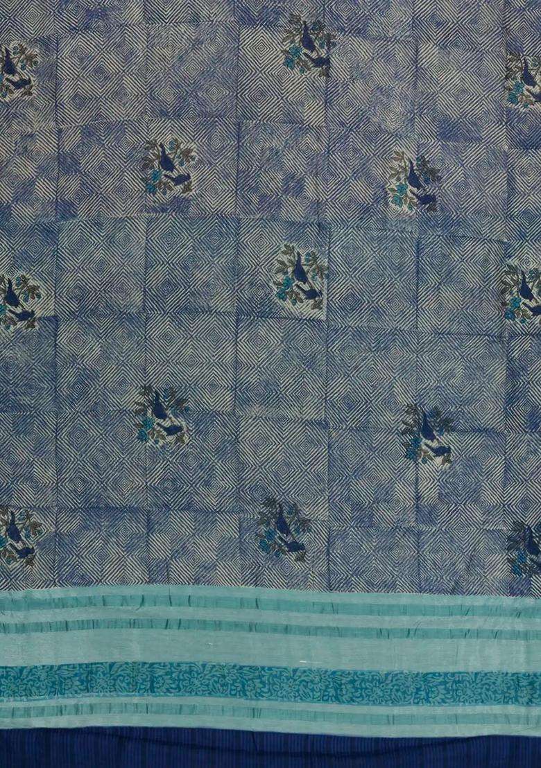 Indigo Printed Chanderi Cotton Saree With Bird Motifs For Women - Indya