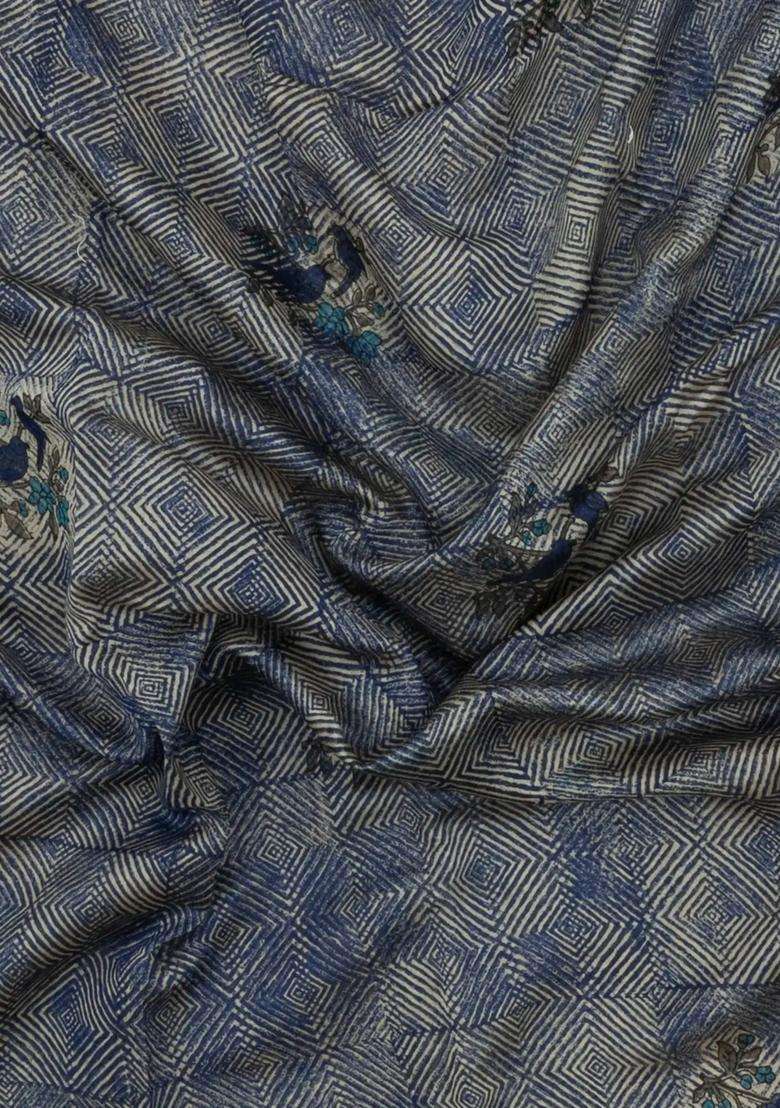 Indigo Printed Chanderi Cotton Saree With Bird Motifs For Women - Indya