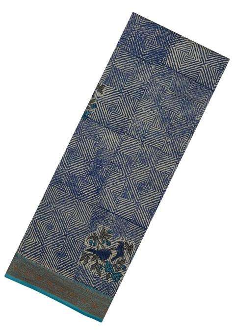 Indigo Printed Chanderi Cotton Saree With Bird Motifs For Women
