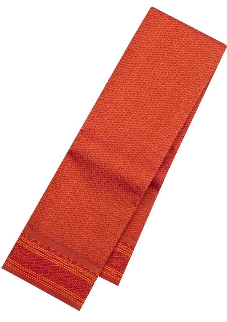 Orange Handloom Kanchipuram Silk Saree With Stripes With Checks And Stripes Design For Women - Indya