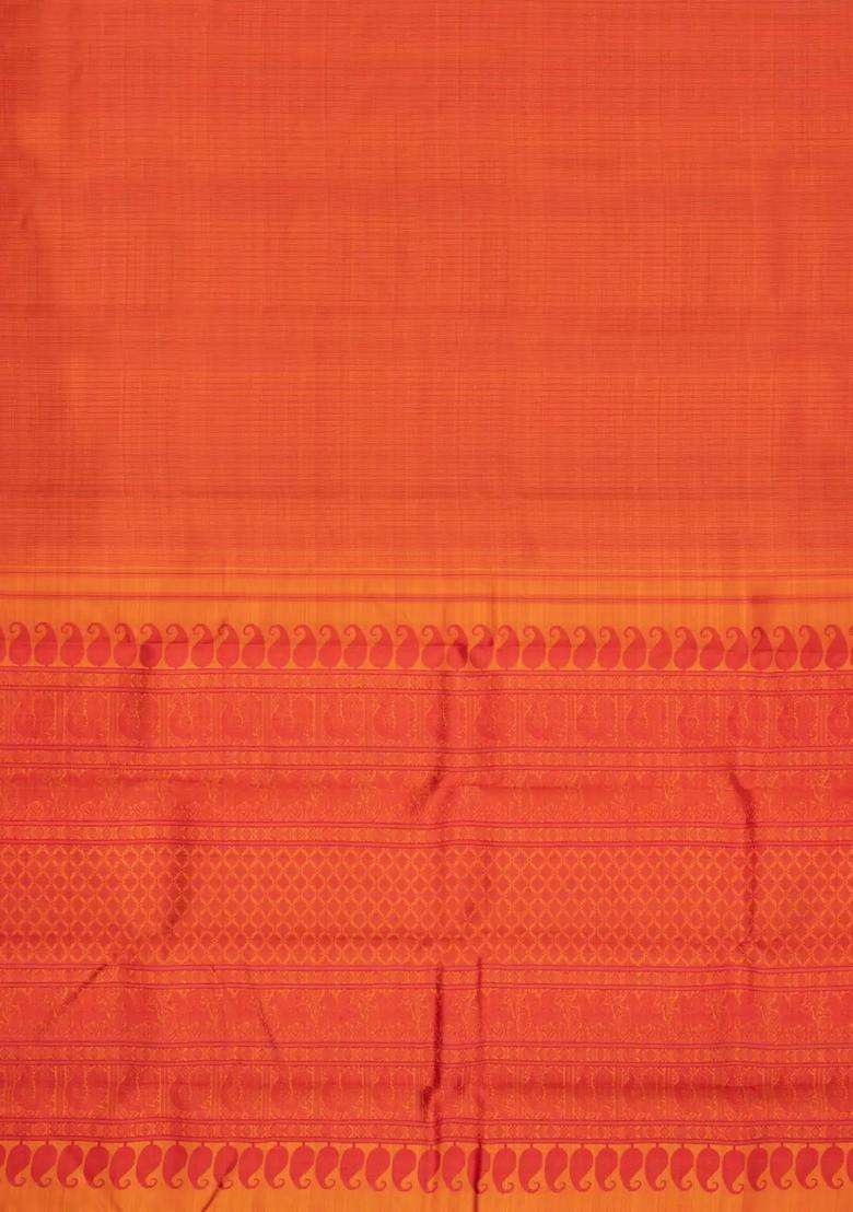 Orange Handloom Kanchipuram Silk Saree With Stripes With Checks And Stripes Design For Women - Indya
