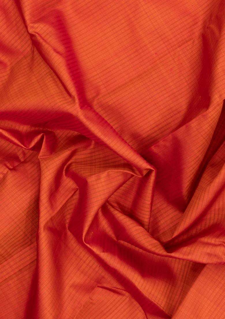 Orange Handloom Kanchipuram Silk Saree With Stripes With Checks And Stripes Design For Women - Indya