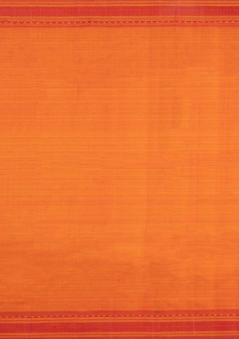 Orange Handloom Kanchipuram Silk Saree With Stripes With Checks And Stripes Design For Women - Indya
