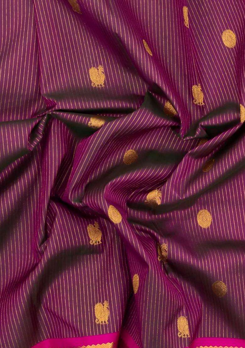Purple Handloom Kanchipuram Silk Saree With Zari Stripes Buttas With Buttas And Brocade Design For Women - Indya