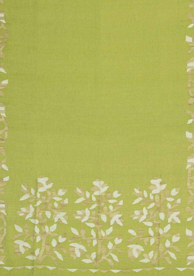 Light Green Handloom Tussar Silk Saree With Floral Border With Traditional Woven Design For Women - Indya