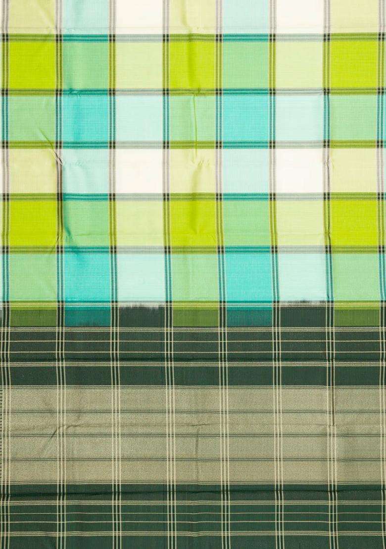 Multi Colour Handloom Kanchipuram Silk Saree With Zari Checks With Checks And Stripes Design For Women - Indya