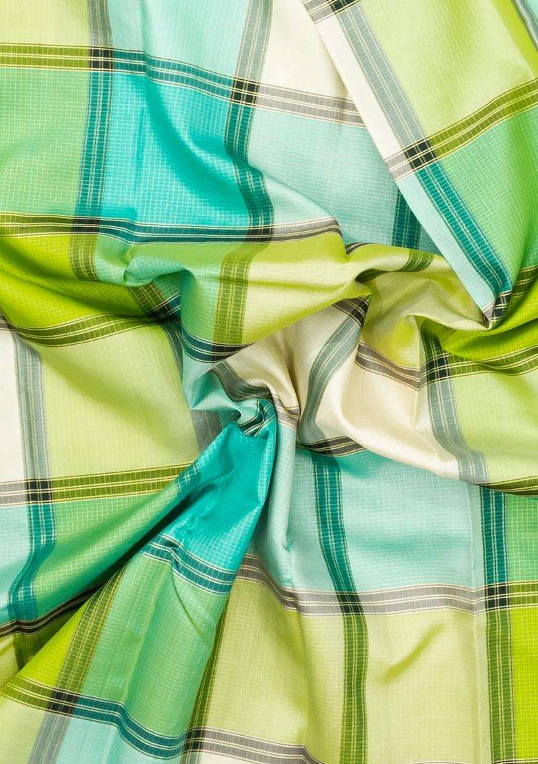 Multi Colour Handloom Kanchipuram Silk Saree With Zari Checks With Checks And Stripes Design For Women - Indya