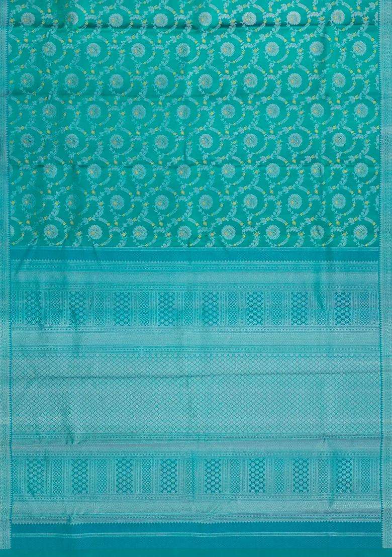 Sea Green Handloom Kanchipuram Silk Saree With Meena Floral Motifs With Buttas And Brocade Design For Women - Indya