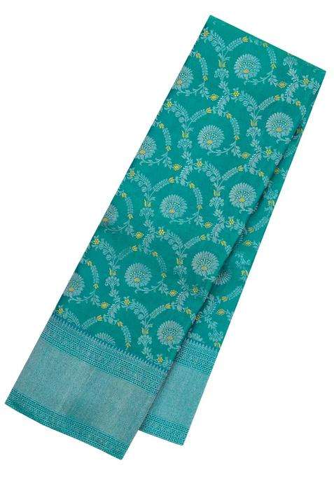 Sea Green Handloom Kanchipuram Silk Saree With Meena Floral Motifs With Buttas And Brocade Design For Women