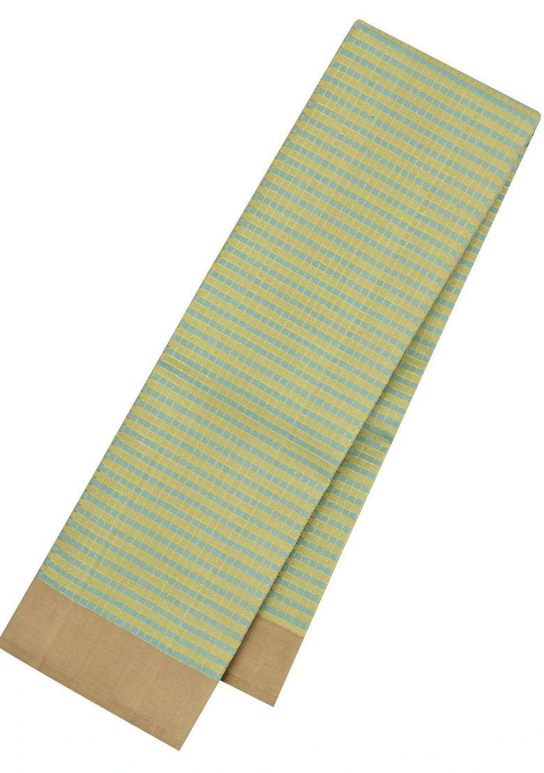 Cardamom Green Handloom Kanchipuram Silk Saree With Checks With Checks And Stripes Design For Women - Indya