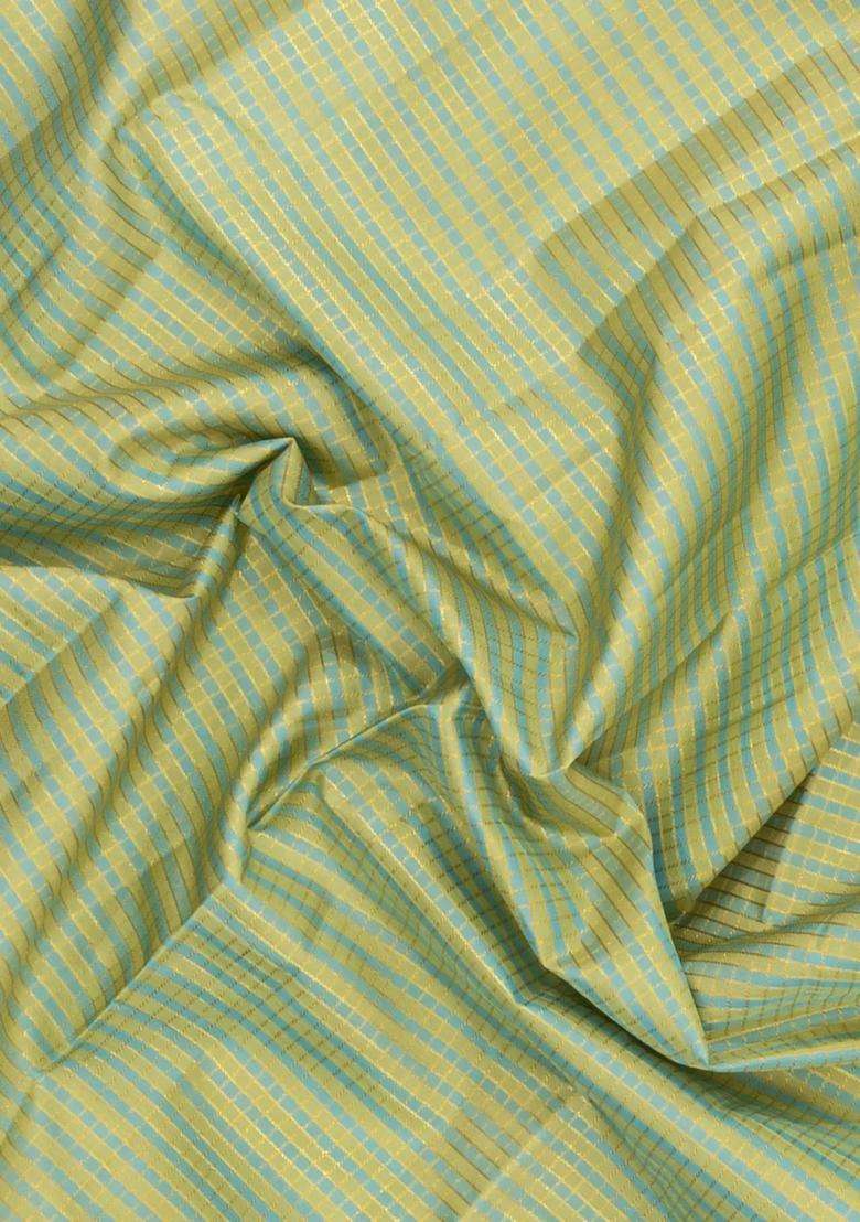 Cardamom Green Handloom Kanchipuram Silk Saree With Checks With Checks And Stripes Design For Women - Indya