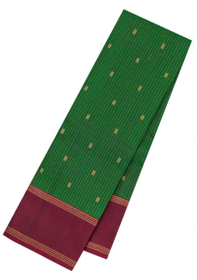 Green Handloom Kanchipuram Silk Saree With Zari Checks Buttas With Buttas And Brocade Design For Women - Indya