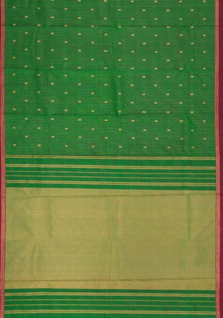 Green Handloom Kanchipuram Silk Saree With Zari Checks Buttas With Buttas And Brocade Design For Women - Indya
