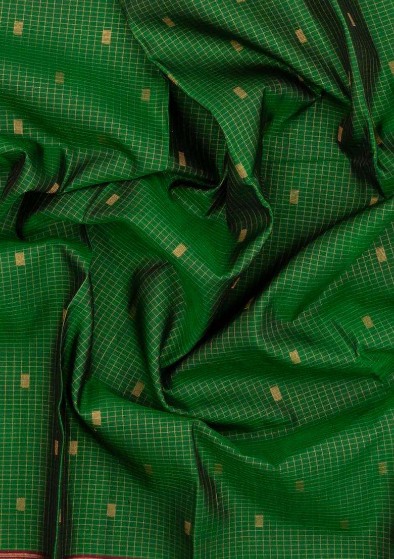 Green Handloom Kanchipuram Silk Saree With Zari Checks Buttas With Buttas And Brocade Design For Women - Indya