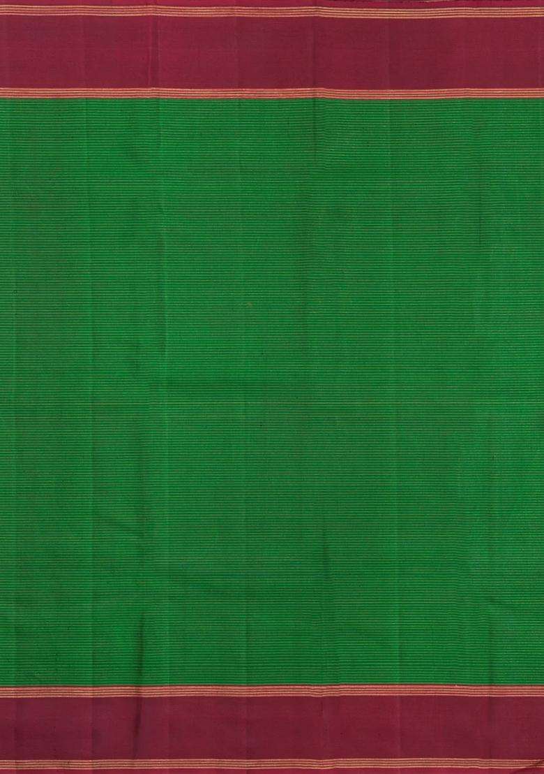 Green Handloom Kanchipuram Silk Saree With Zari Checks Buttas With Buttas And Brocade Design For Women - Indya