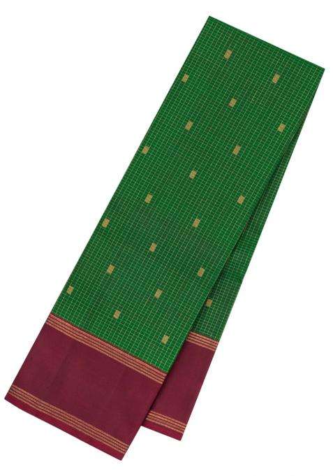 Green Handloom Kanchipuram Silk Saree With Zari Checks Buttas With Buttas And Brocade Design For Women