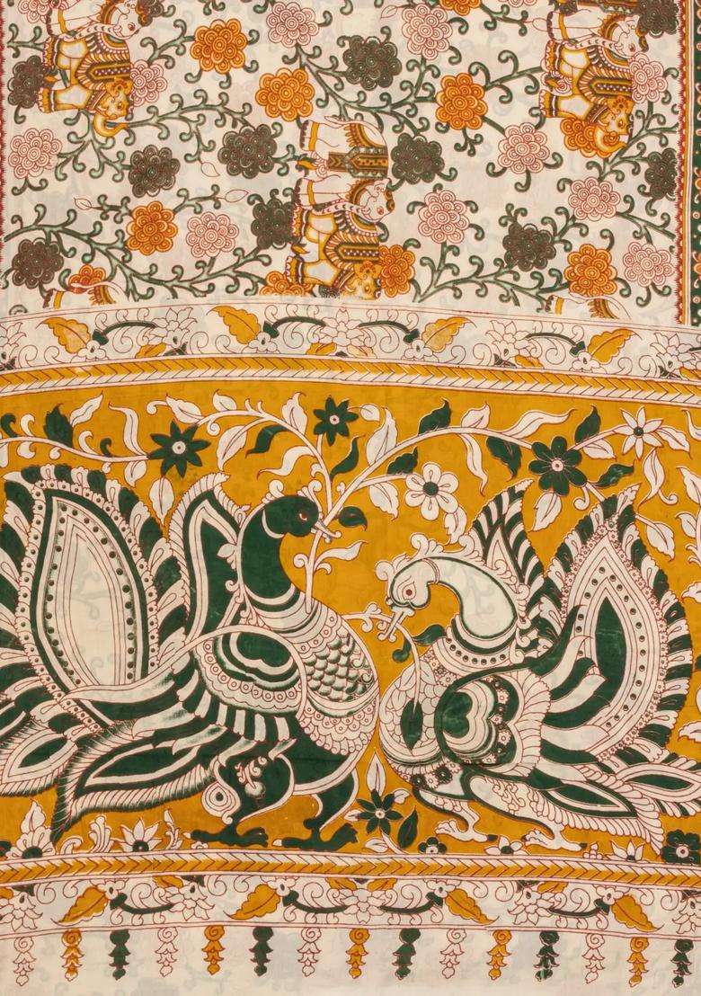 Cream Printed Kalamkari Cotton Saree For Women - Indya