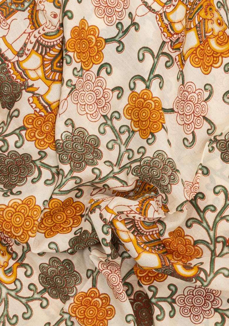 Cream Printed Kalamkari Cotton Saree For Women - Indya