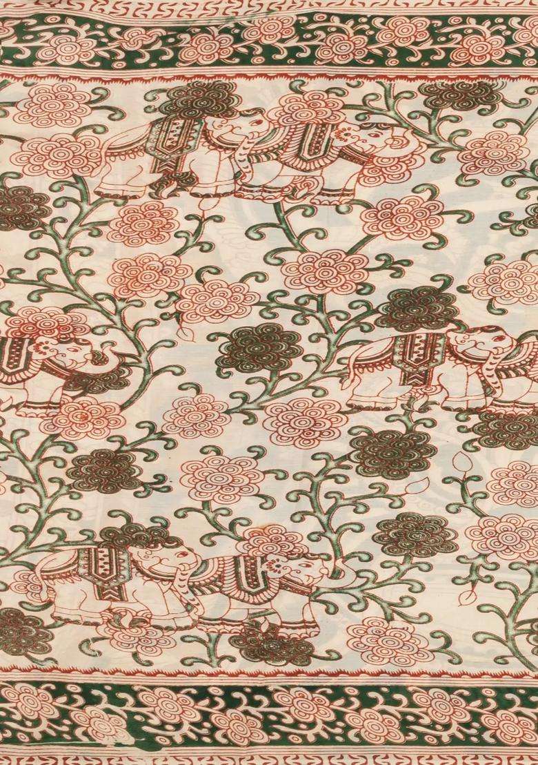 Cream Printed Kalamkari Cotton Saree For Women - Indya