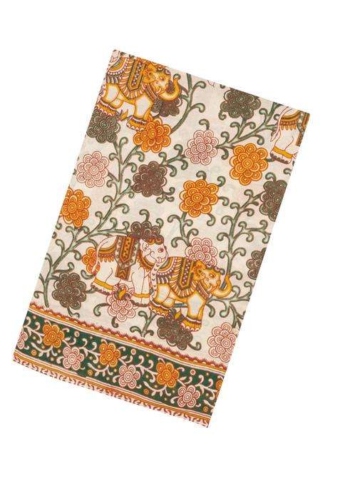 Cream Printed Kalamkari Cotton Saree For Women