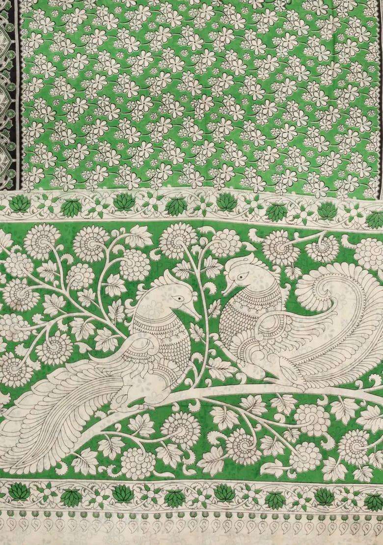 Green Printed Kalamkari Cotton Saree For Women - Indya