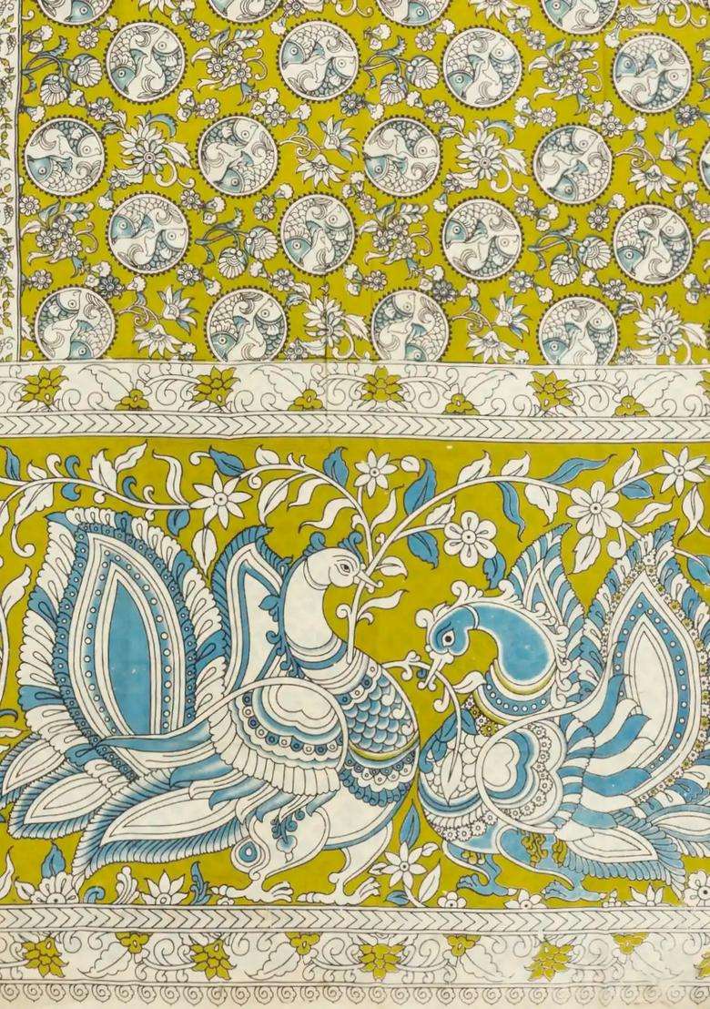 Light Green Printed Kalamkari Cotton Saree For Women - Indya