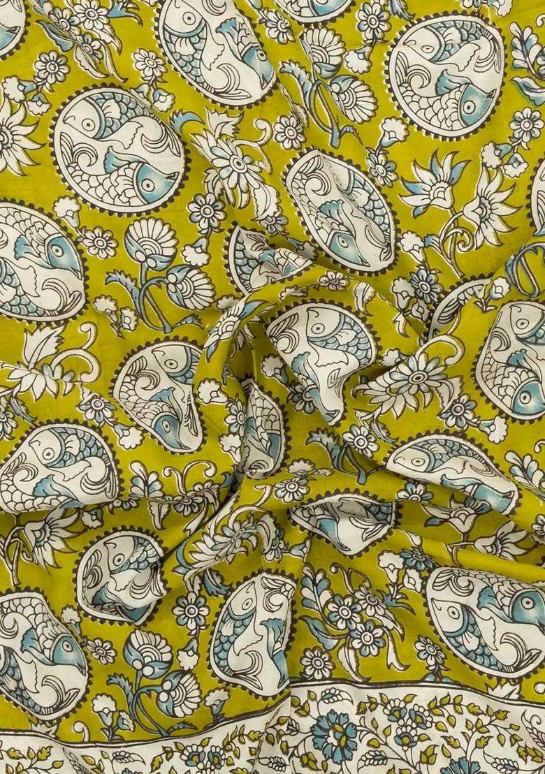 Light Green Printed Kalamkari Cotton Saree For Women - Indya